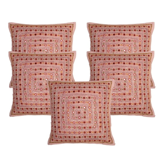 Stylo Culture Ethnic Couch Throw Pillow Covers 16x16 Embroidered Mirror Lace Peach Bohemian 40 x 40 cm Living Room Cotton Geometric Square Cushion Covers | Set Of 5