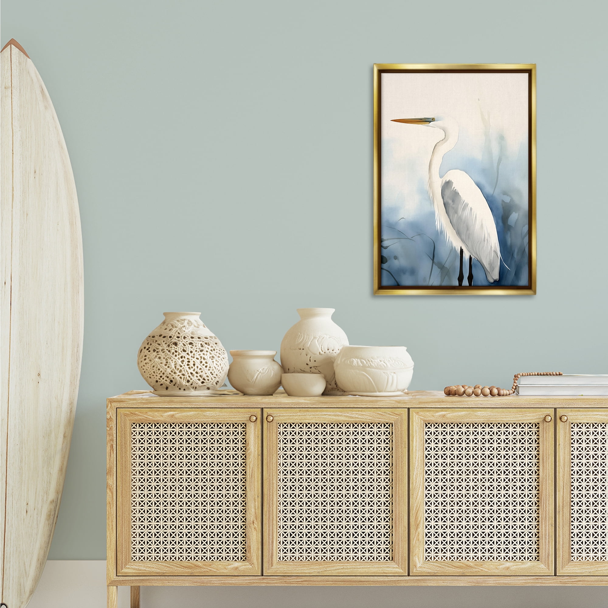 Stupell Industries Egret Beach Bird Animals & Insects Painting Gold Floater Framed Canvas Art Print Wall Art, 21 x 31