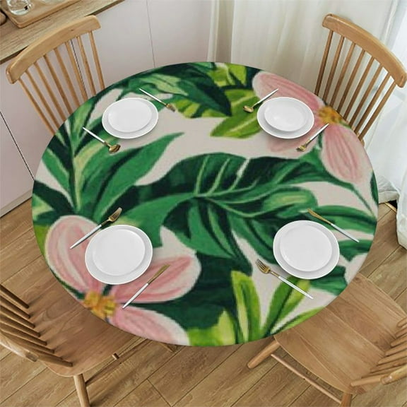 Qinduosi Tropical Palm Leaf Round Fitted Tablecloth with Elastic Edge Flower Wipeable Round Table Cover Reusable Circle Table Cloths for Outdoor Party Patio Kitchen Decor