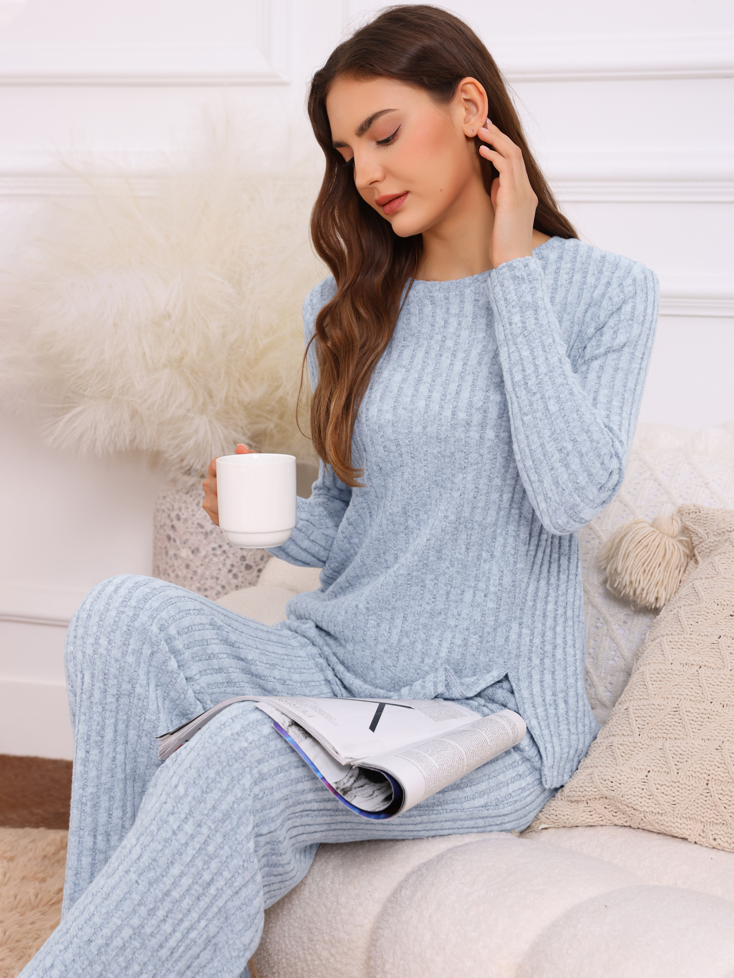 DARING DIVA Women's Knit Long Sleeve Ribbed Sleepwear Soft Crewneck Sets M Blue
