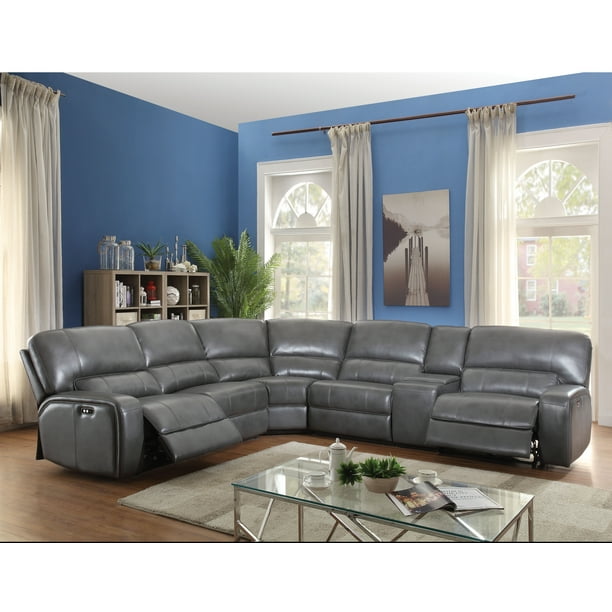 Acme Saul Sectional Sofa With Power, Gray Leather Reclining Sectional