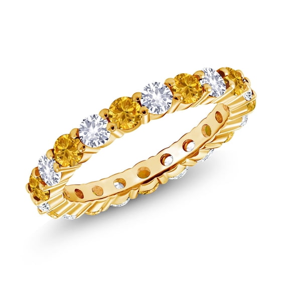 Gem Stone King 1.34 Cttw Round Yellow Sapphire and White Created Sapphire 18K Yellow Gold Plated Silver Eternity Band Ring for Women | Wedding Engagement Anniversary Promise Ring for Women | Size 5