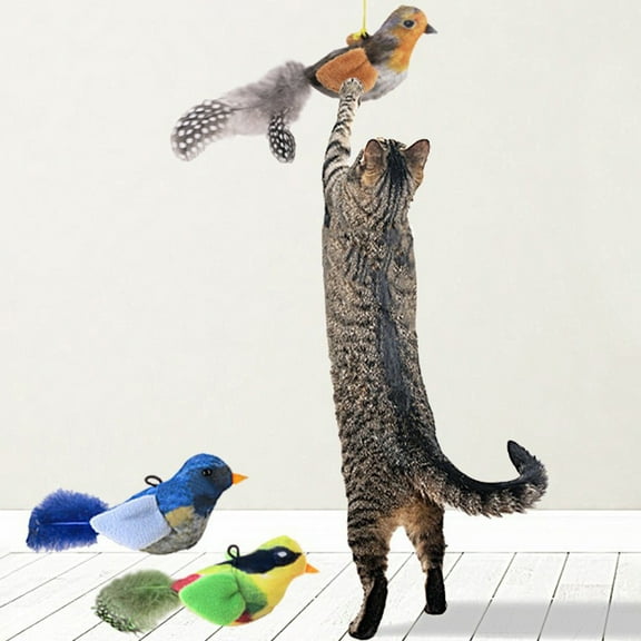 Fwttom Interactive Cat Toys, Realistic Natural Sound Song Bird Toys with Bells, Hanging Feathers Teaser Stick Cat Toys for Indoor Cats Interactive Play, Brown