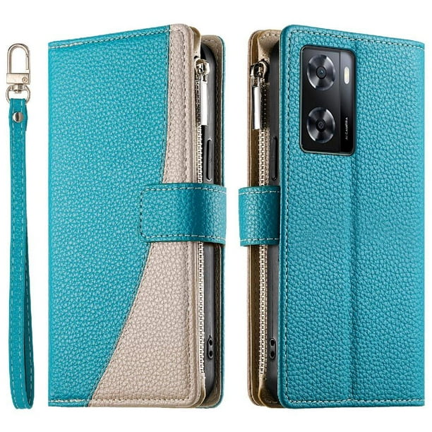 Funda cartera GANGXUN para OPPO A57s 4G/A77s 4G , cuero PU con tarjetero, cremallera, correa de mano, soporte y protección 450°