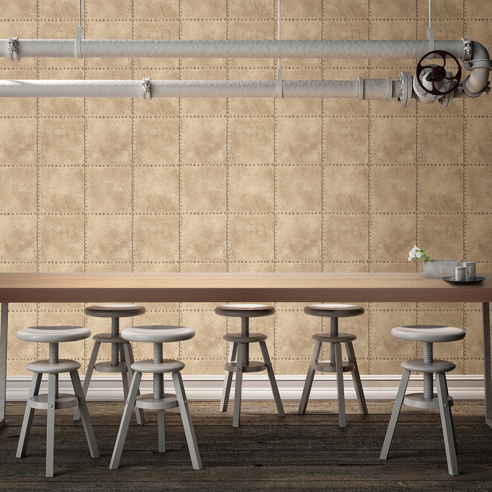 Beacon House Riveted Champagne Industrial Tile Wallpaper