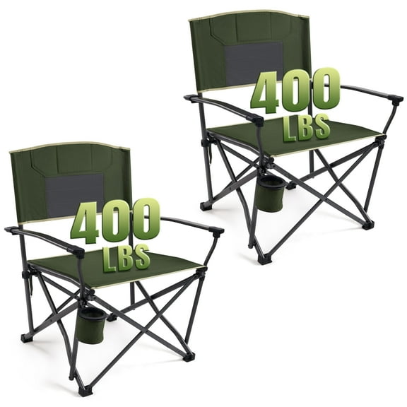 Folding Camping Chairs for Adults Heavy Duty Plus Size Camping Chairs 400 lb Steel Frame Metal Arm Lawn Chairs with Swivel Cup Holder, Extra Large Camp Chair for Outdoor Sports, Green (2 Pack)