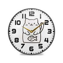 Yayeee Wall Clock for Living Room 9.5 inch Battery Operated Round with Holder, White Chubby Cat