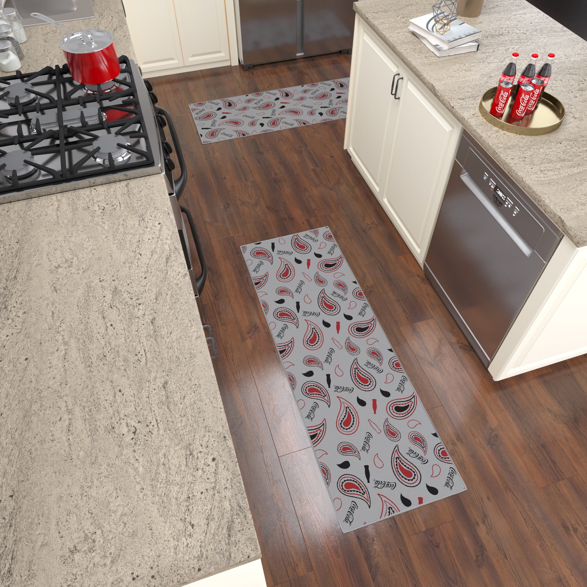 Ottomanson Coca-Cola Paisley Machine Washable Non-Slip Rubberback 2x5 Runner Rug, 20"x 59", Gray/Multi