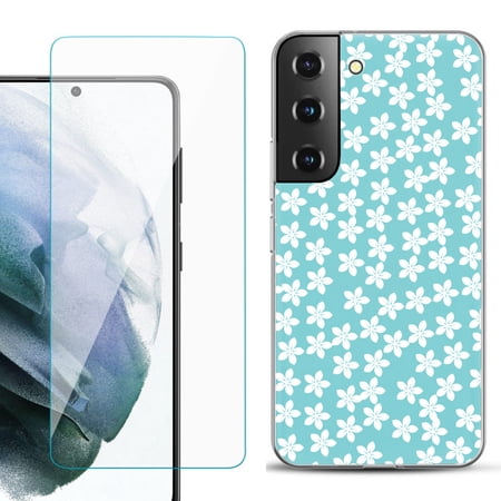 Slim-Fit TPU Fashion Phone Case for Samsung Galaxy S22 5G with Tempered Glass Screen Protector by OneToughShield ® - Flower/Teal
