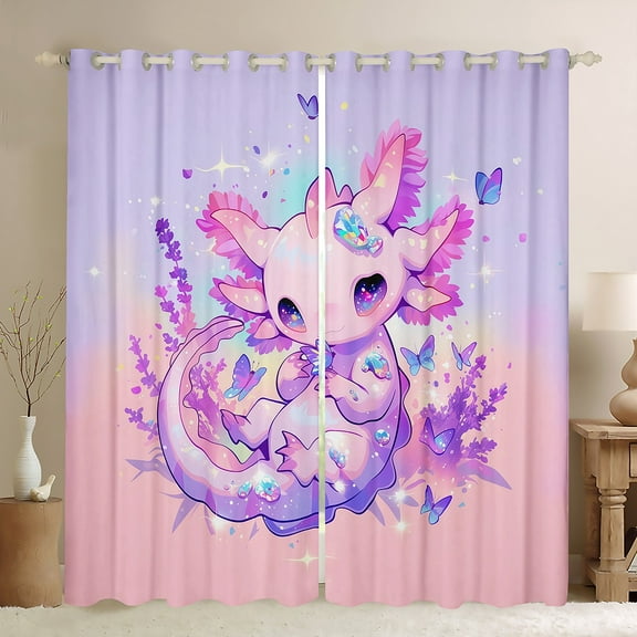 Manfei Dreamy Axolotl Black Out Curtains for Teen, Glitter Diamond Print Curtains Pack of 2 (42x63 Each), Kawaii Cartoon Animal Bedroom Curtains, Window Curtains Room Decor