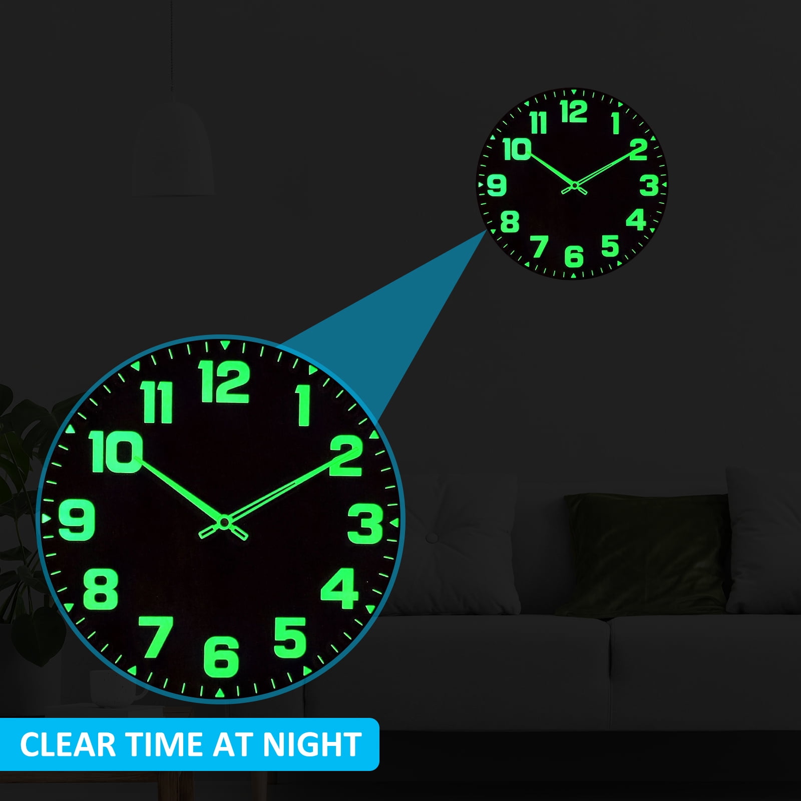 Zeokiar Luminous Wall Clocks Wooden Glow in The Dark Clock 12 inch Silent Non-Ticking Lighted Wall Clock Battery Operated Night Light Clock Home Decoration for Living Room Office Kitchen Bedroom
