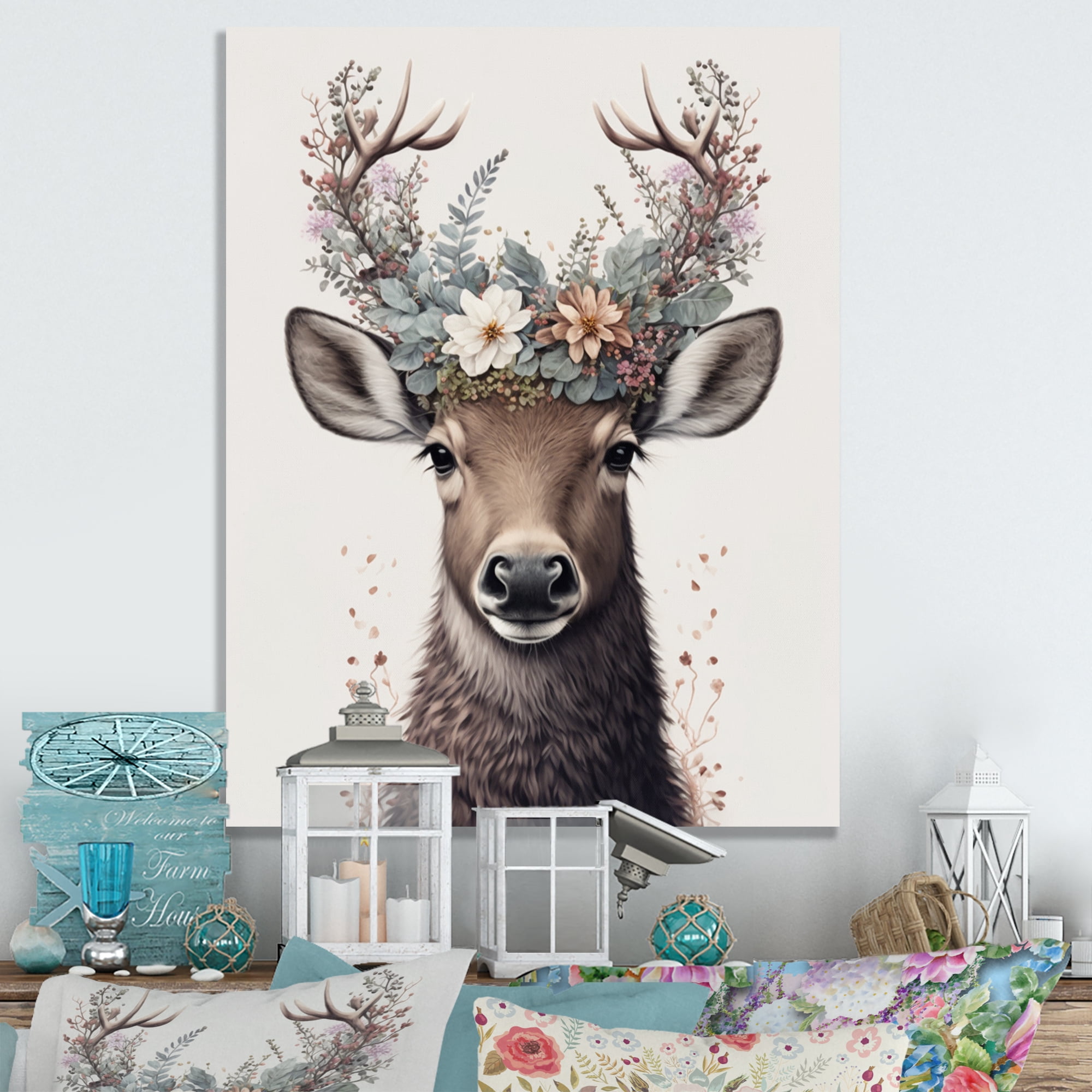 Designart Cute Baby Caribou With Floral Crown II Canvas Wall Art