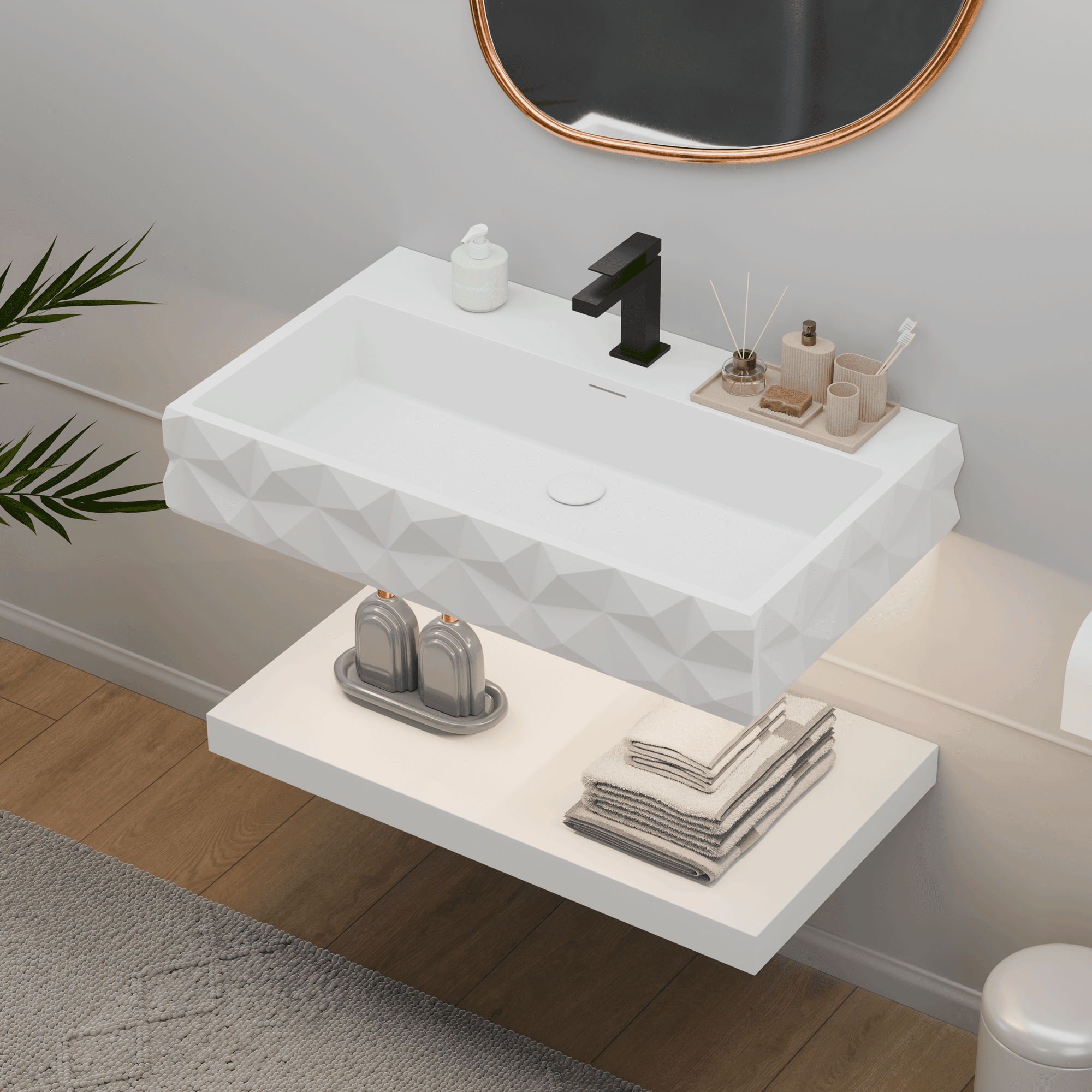GESIPOR 32"x19" Bathroom Floating Vanity Sink with LED Light, Wall-Mount Stone Resin Bathroom Vessel Sink Rectangular Modern Art Basin with Shelf Layer
