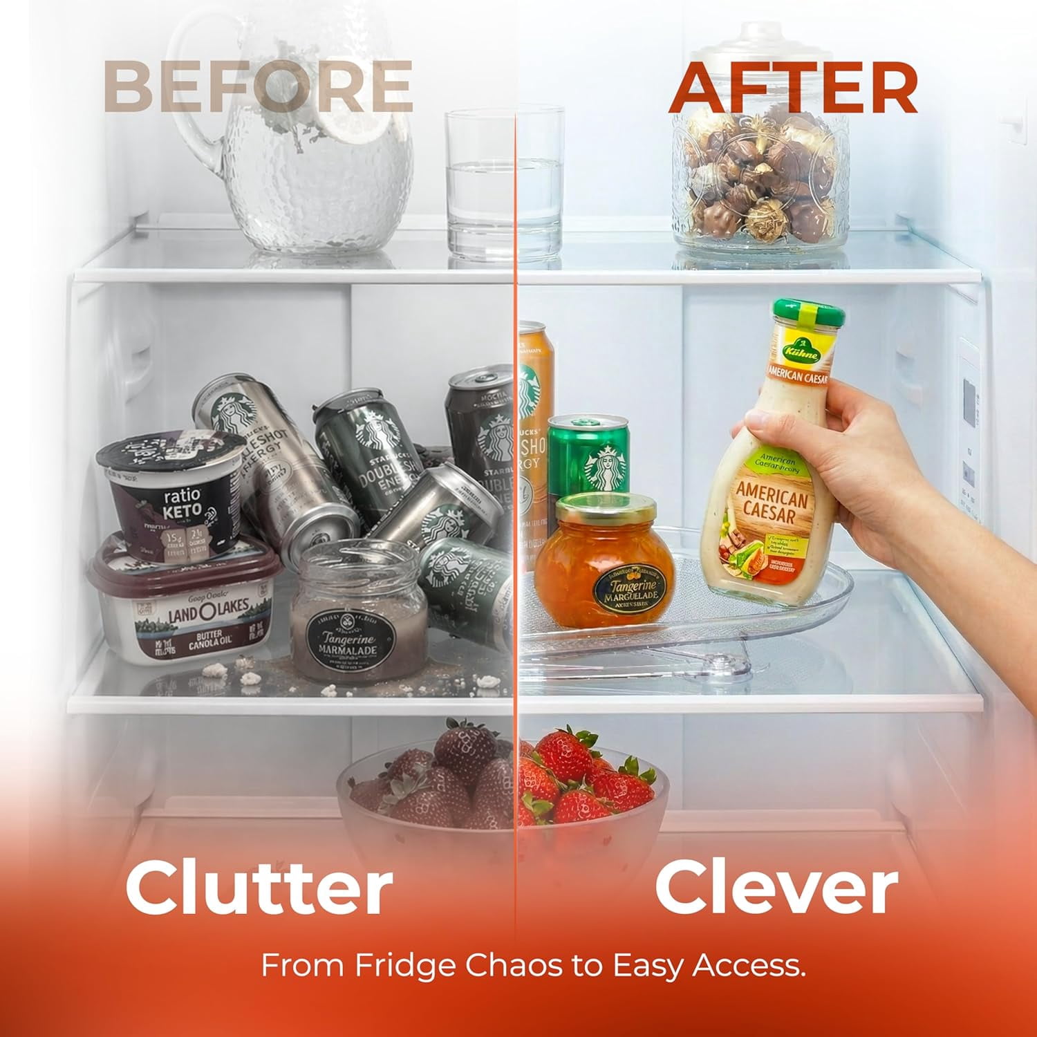 Refrigerator Lazy Susan (2PK) - Clear Rectangular Fridge Organizer - Turntable Tray Lazy Susan for Refrigerator - Cabinet & Pantry Organizer - Smooth 360° Rotating Swivel Spinning Fridge Shelf