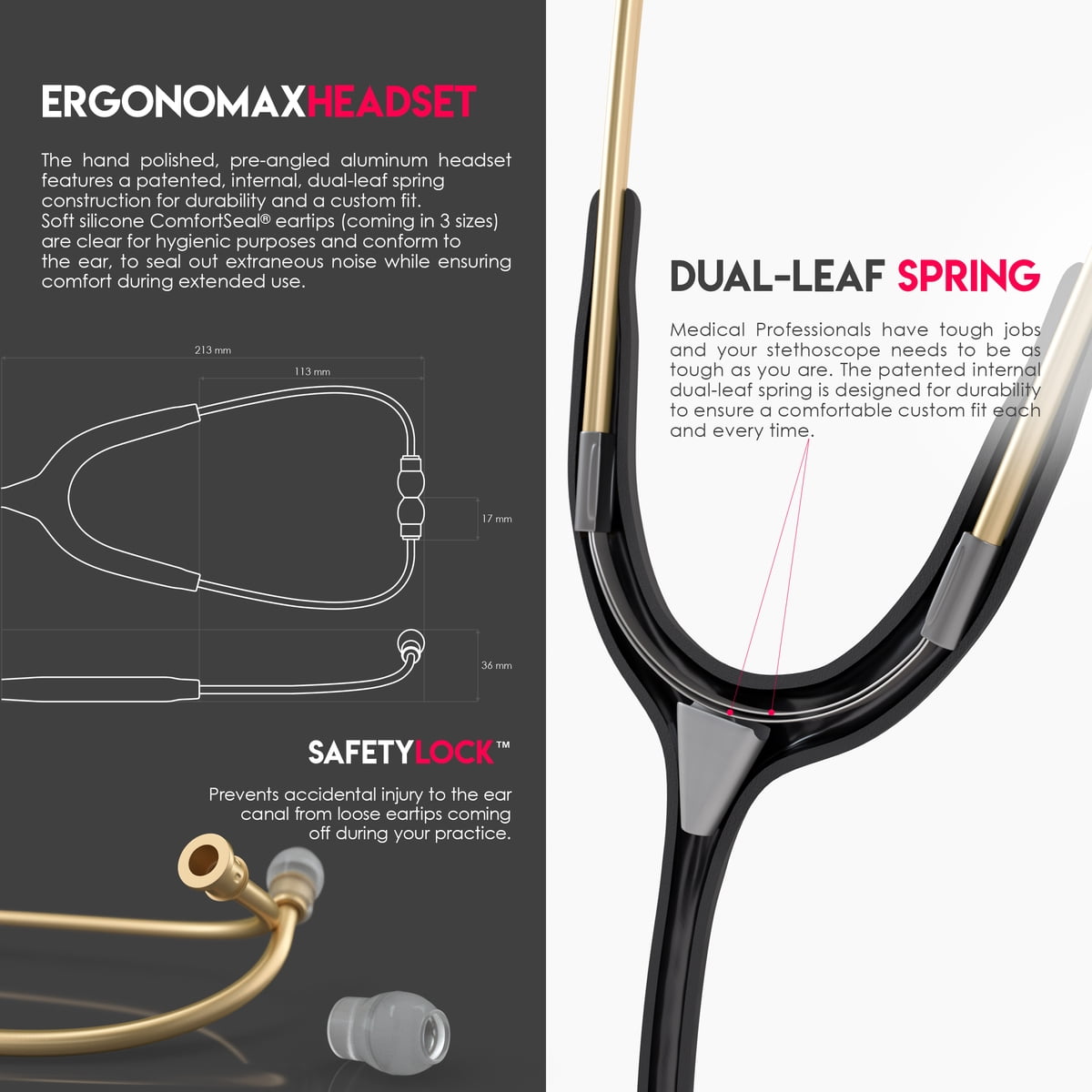 MDF Acoustica® Lightweight Dual Head Stethoscope (MDF747XP) - Black and Gold