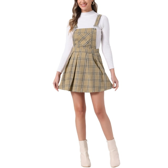 Vestido de tirantes de pinafore para mujer Allegra K con cuadros, falda con tirantes ajustables, talla M, caqui