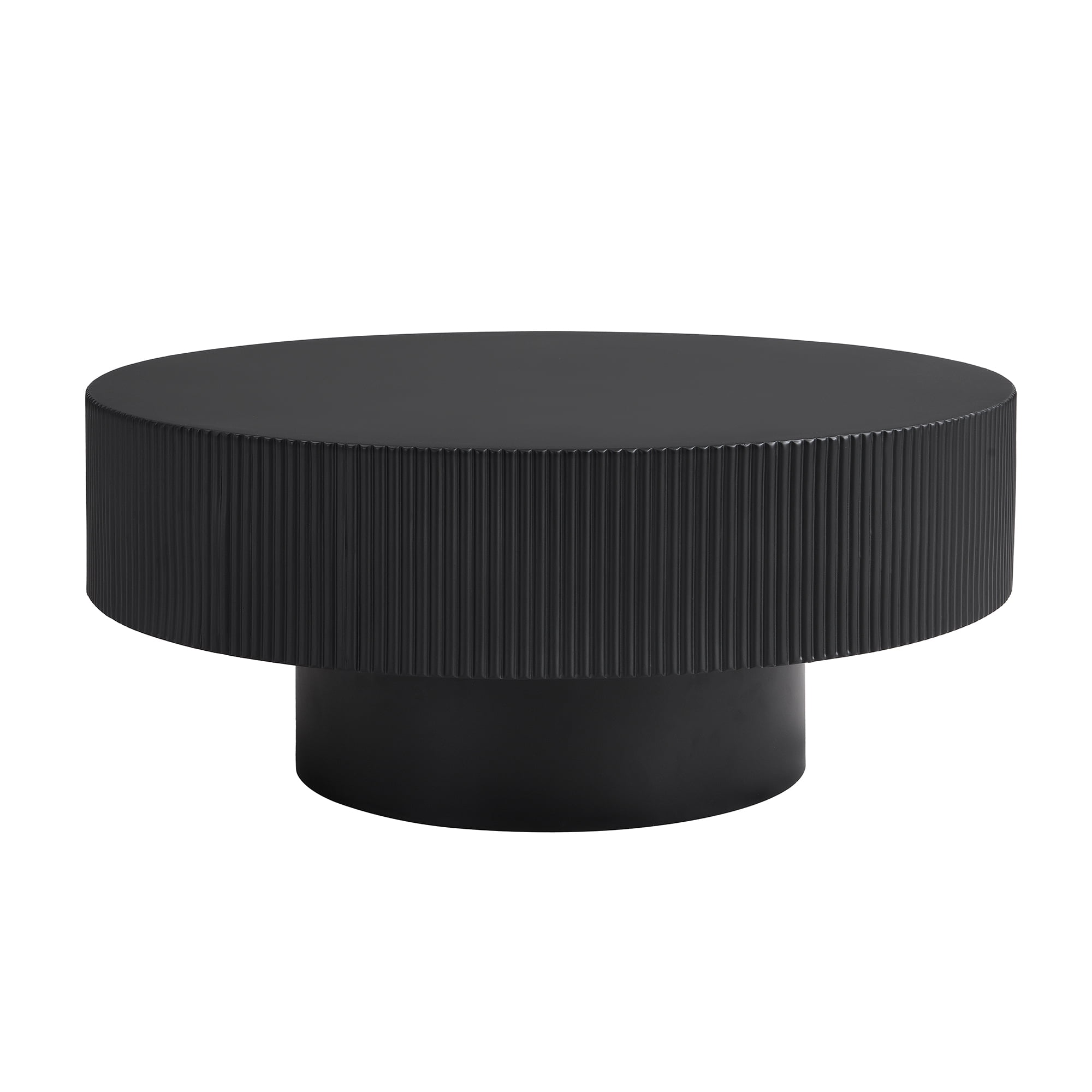 Euroco Elegant Easy Assembly Round Coffee Table with 6.8" Thick Tabletop, Modern Drum End Table, Minimalist Fluted Center Table with Sturdy Base for Living Room, Black, 31.5"W*13.7"H