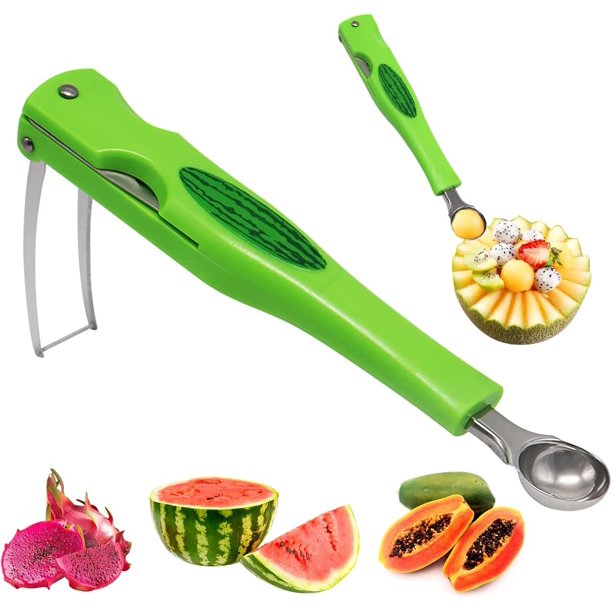 Cuchillo para sandía 3 en 1, cuchara para melón, cuchara para melón de acero inoxidable, cuchara cortadora de melón, cortador de sandía, juego de herramientas para frutas, tenedor para frutas, 22,5 c