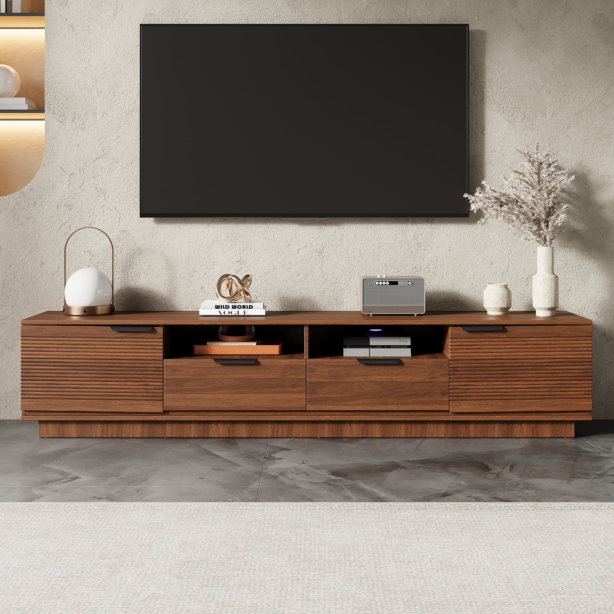 TV Stand for TVs up to 85 Inch, Entertainment Center with Wave-Pattern Doors & 2 Deep Drawers, Media Console with Soft-Close Hinges for Living Room