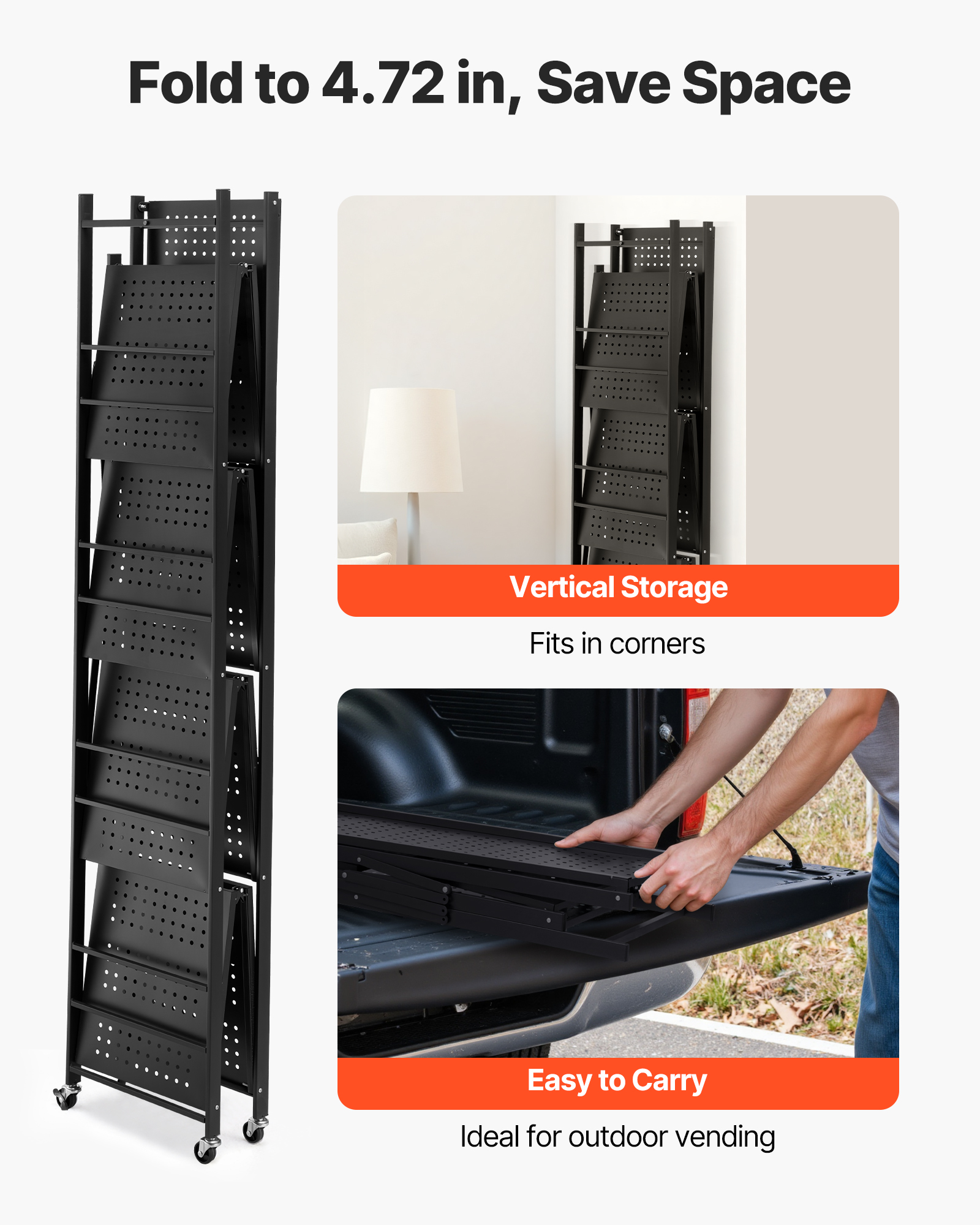 VEVOR 5-Tier Foldable Storage Shelf, 32W x 14D x 72H Inch Folding Metal Rack Shelving Unit, No Assembly Organizer Shelf with 5 Wheels & 4 Hooks for Pantry, Kitchen, Garage, Basement, Black