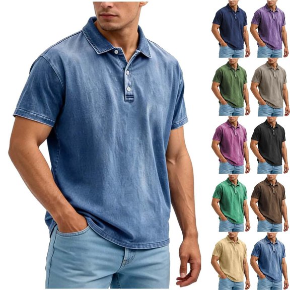 Daiosportswear Men'S Vintage Washed Polo Shirts Classic Fit Pullover Shirts Summer Lapel Button Tops Casual Retro Distressed Tee Top Purple XL(XL)