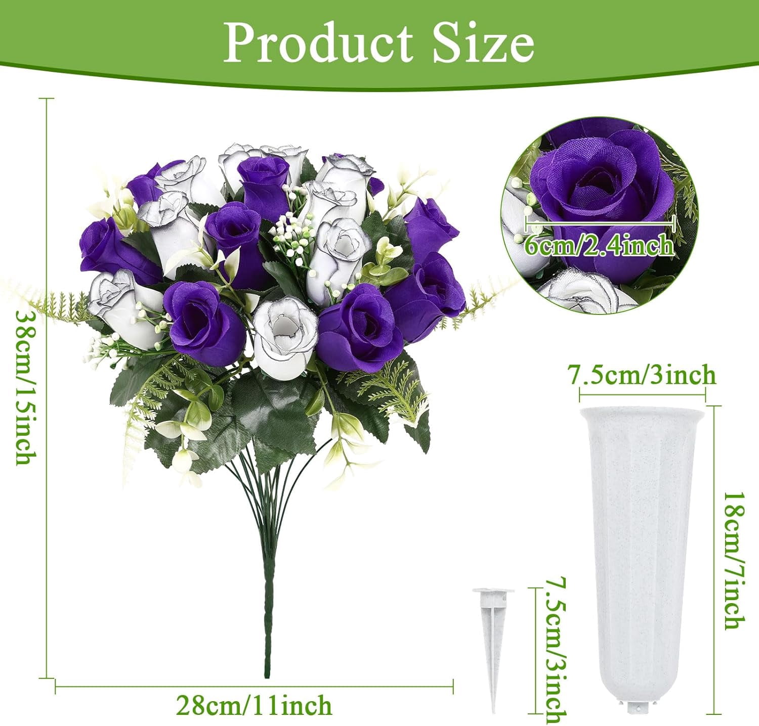 2Pcs Artificial Cemetery Flowers with Vase for Grave Silk Memorial Rose Flowers Outdoor Grave Flowers for Grave Vase Cemetery Flower Arrangements, Blue & White