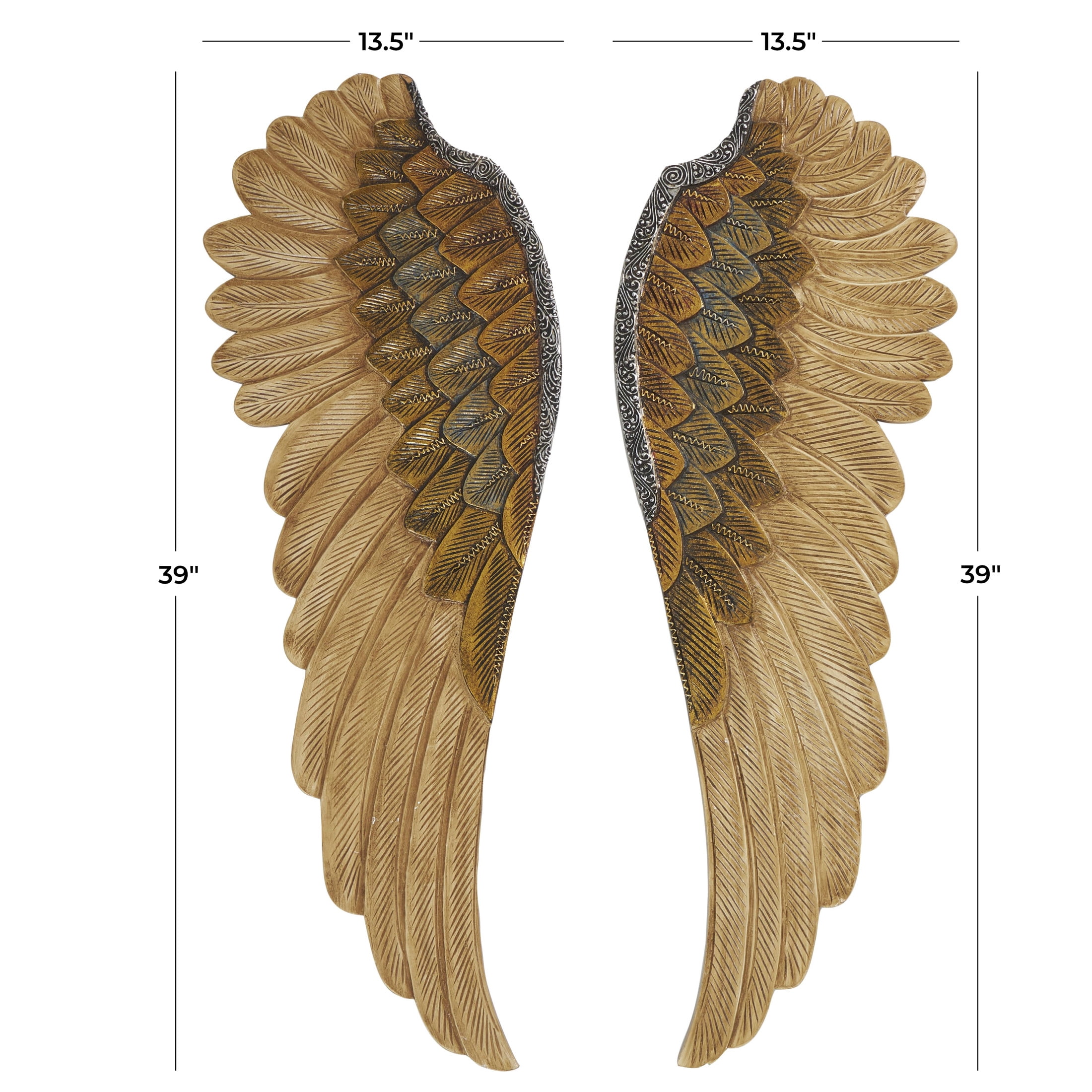 DecMode Gold Wooden Carved Angel Wings Bird Wall Decor with Gold Accents (2 Count)