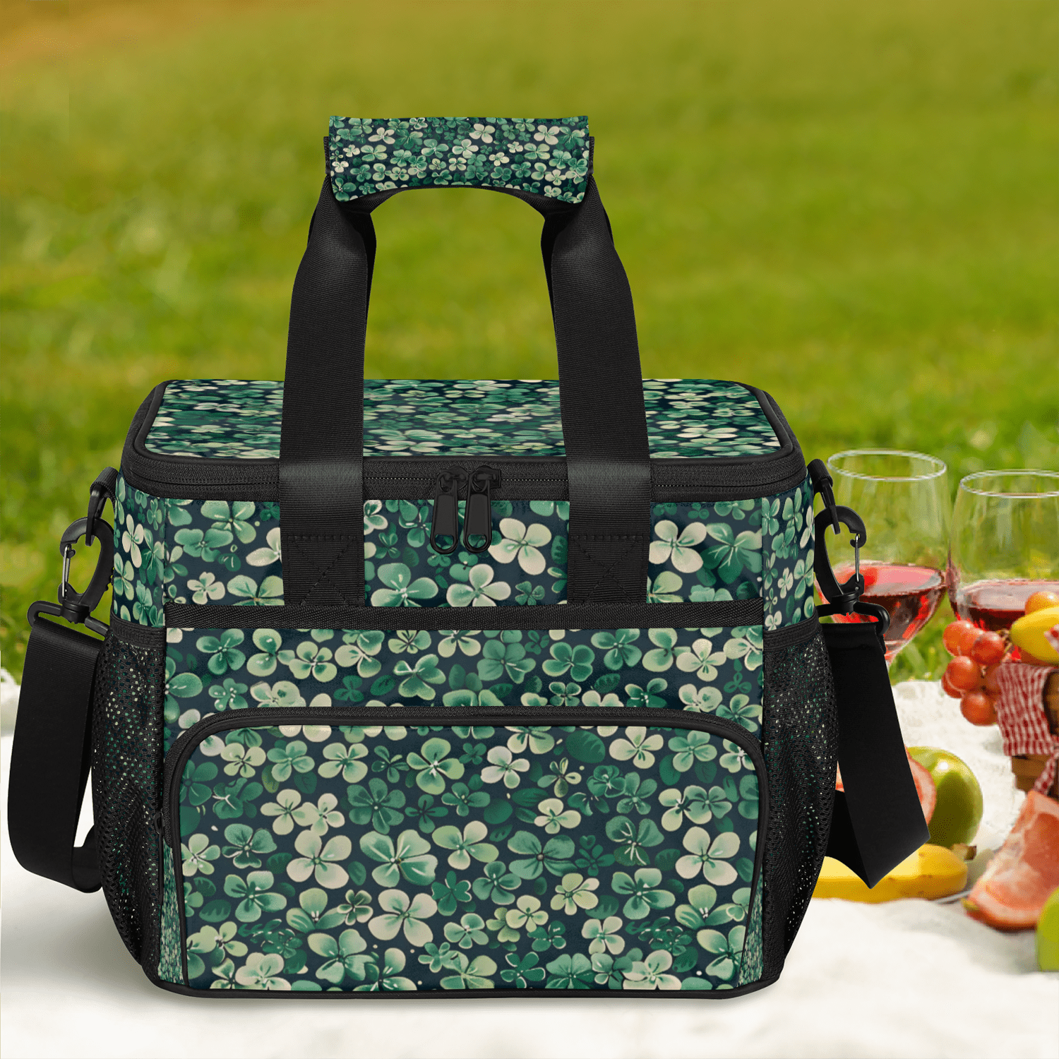 Herdesigns Happy St Patrick's Day Shamrocks Floral Leaves Large Lunch Box for Adults Women Men with Adjustable Shoulder Strap, Insulated Reusable Lunch Bag Leakproof Cooler Tote Bag