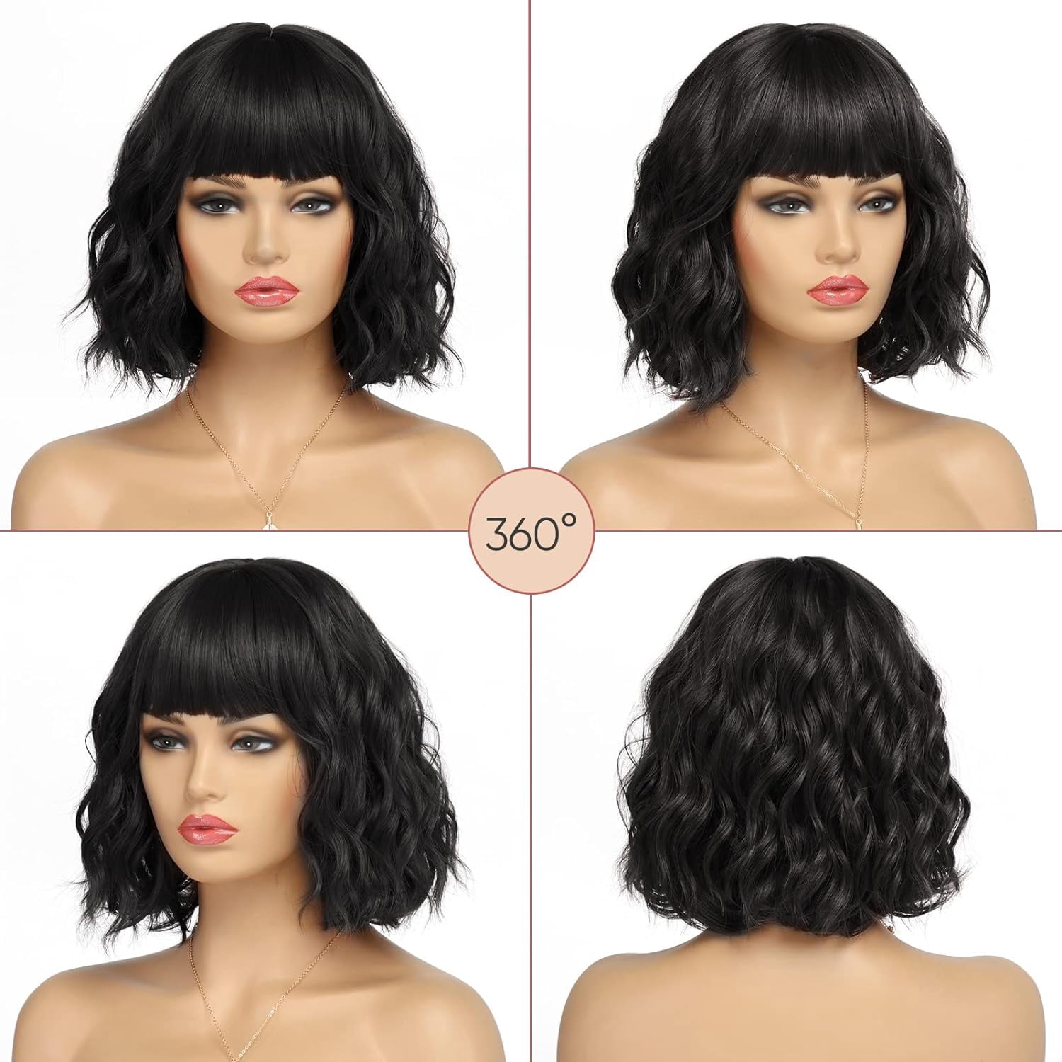 DOPI Short White Silver Wigs for Women Ombre Grey Wavy Bob Wig with Bangs Medium Length Synthetic Hair Water Wave Dark Roots Wig Gray Colorful Wigs（12 Inches）