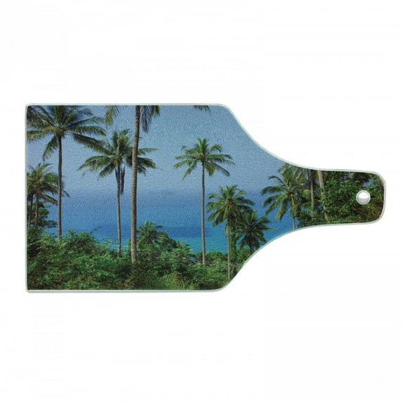 Palm Tree Cutting Board, Ocean Scene from Jungle Tropical Picture of Paradise in Nature Theme, Decorative Tempered Glass Cutting and Serving Board, Wine Bottle Shape, Blue Green, by Ambesonne