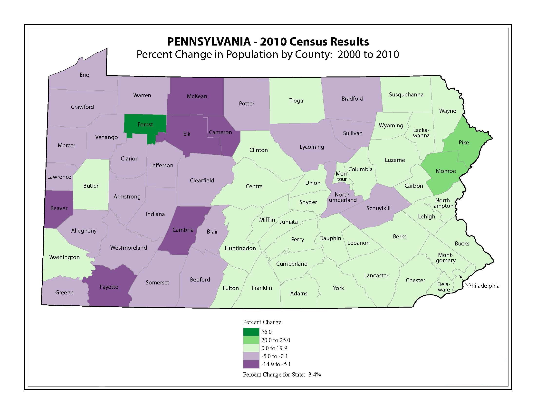 Pennsylvania County Change Map (2000 to 2010 Census) 20 Inch By 30