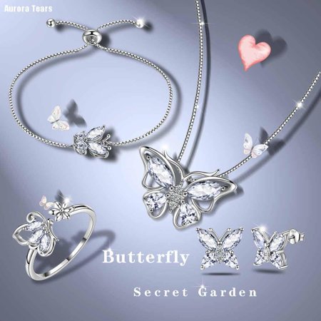 April Birthstone Jewelry Set Necklace/Earrings/Ring/Bracelet Butterfly Fine White Diamond Sterling Silver Women Girls Xmas Birthday Mother's Day Gifts