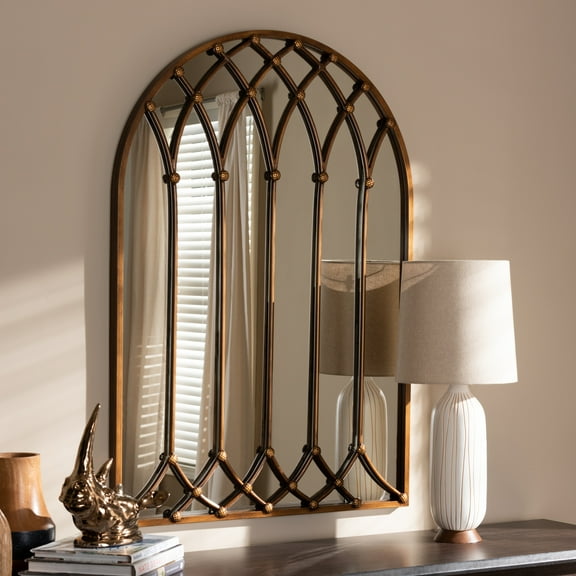 Farmhouse Wall Mirror - Arched Accent Mirror, Antique Bronze Finish, Vintage Style Home Decor