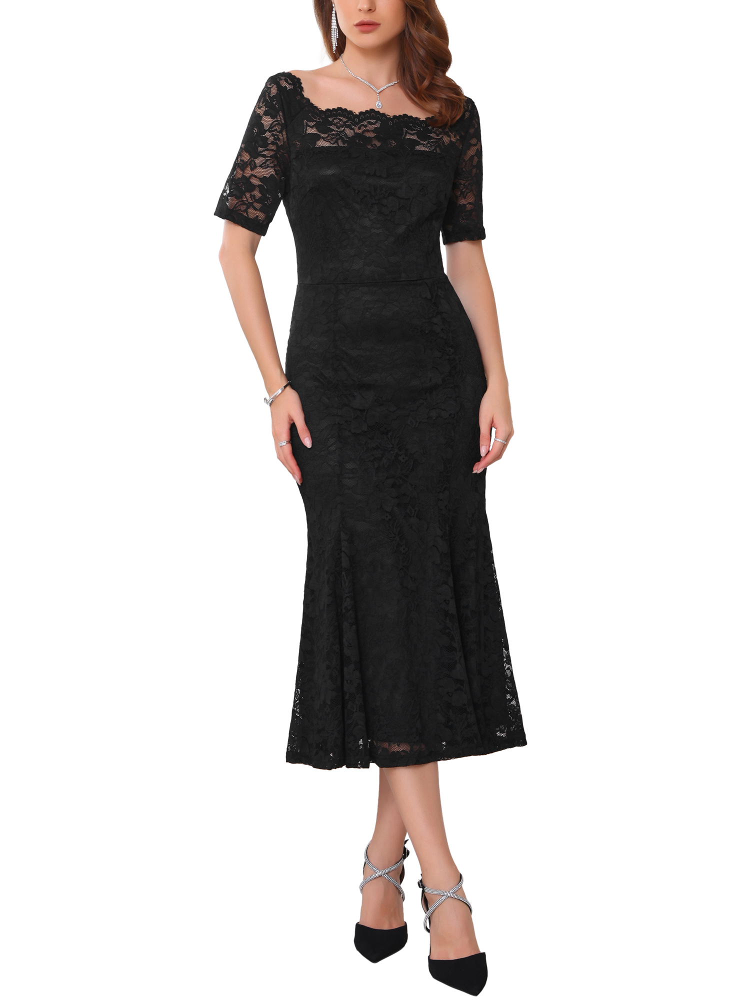 xscape short sleeve boat neck floral lace sheath dress Lace Short Sleeve Boat Neck Swing Dress Aisize