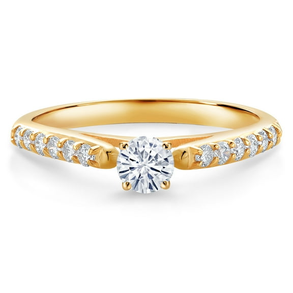 Gem Stone King 10K Yellow Gold White Moissanite and White Lab Grown Diamond Engagement Ring for Women (0.34 Cttw, Gemstone, Round 3.5MM, Size 9)