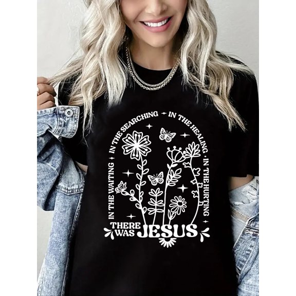 Women's Christian Flower and Jesus Graphic T Shirts Vintage Jesus Faith Pray Cross Print Casual Loose Crew Neck Top