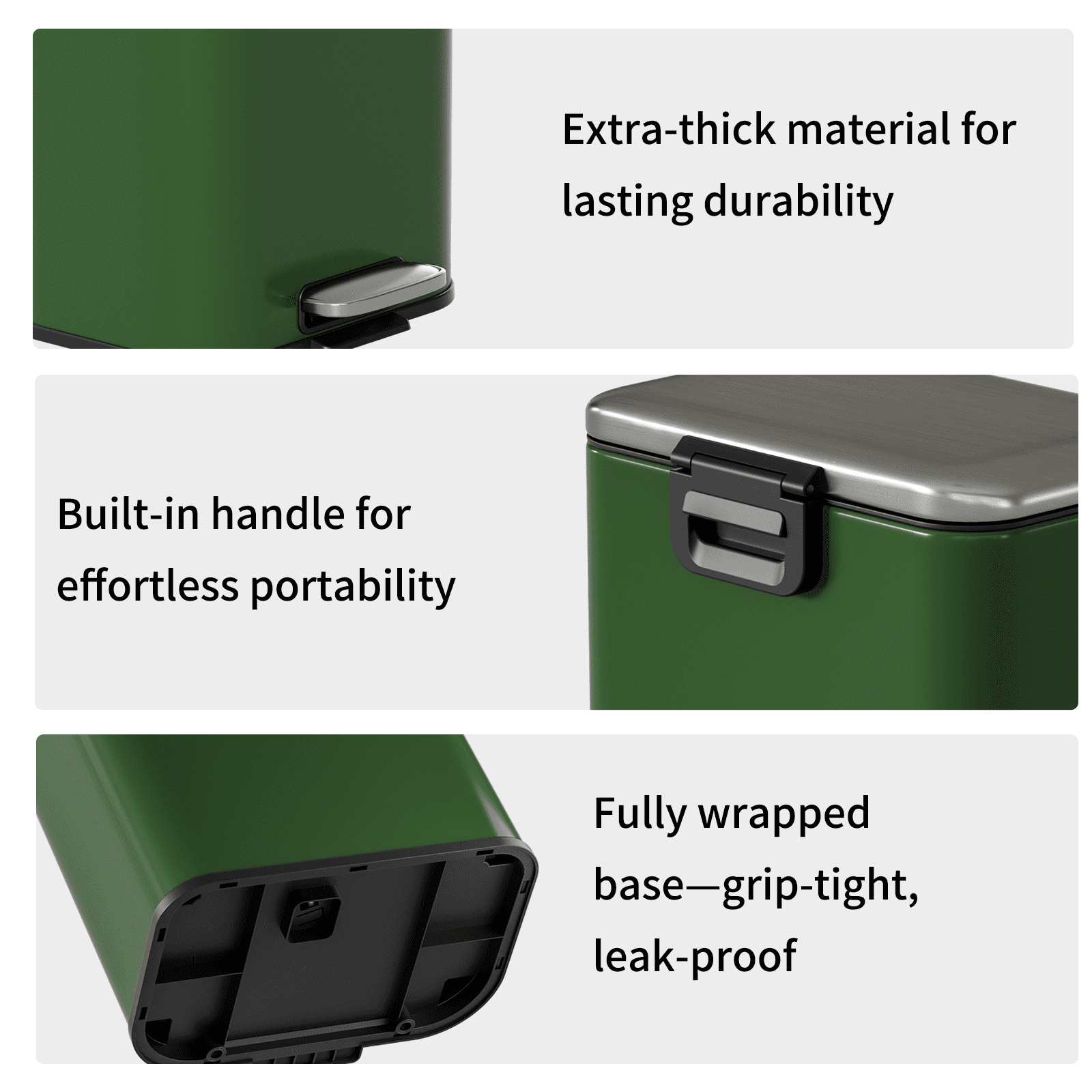 Mrbin Bathroom Trash Can with Lid, Metal Step Kitchen Waste Basket Touchless Soft Close, 20L / 5.2gal Rectangle Garbage Bucket with Stainless Steel Pedal for Office, Bedroom Accessories, Green