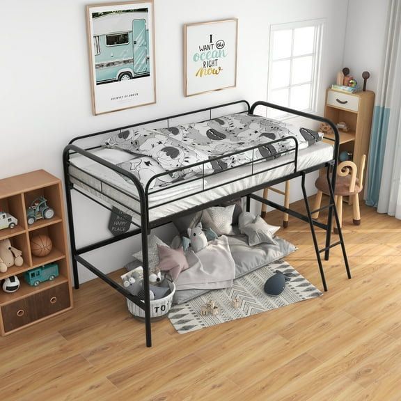 GeeHome Metal Twin Loft Bed , Twin Size High Loft Bed Black