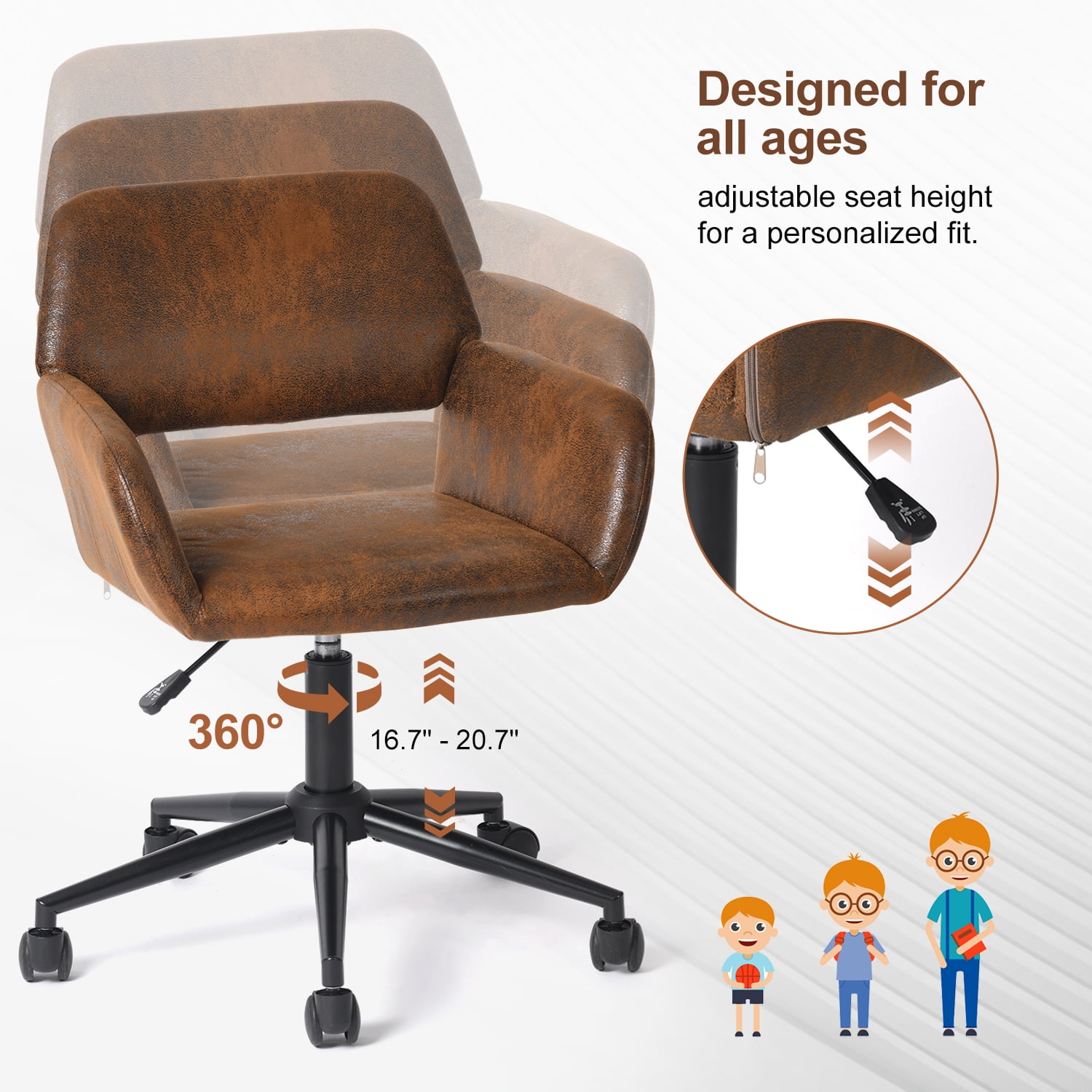 Homy Casa Kids Study Chair - Adjustable Height Swivel Task Chair with Armrests for Homework Play Room, Brown Faux Suede