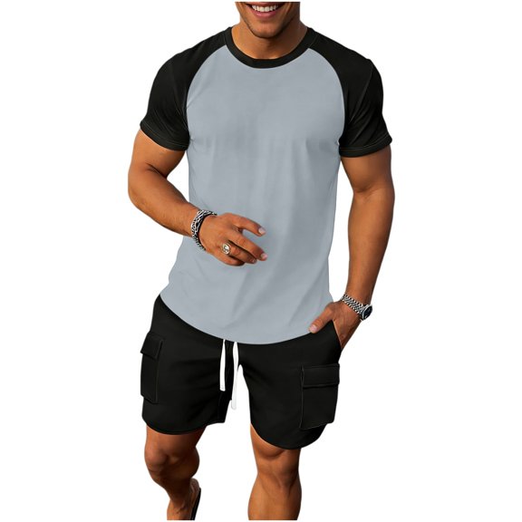 Maqroz Workout Sets for Men Summer 2-Piece Color Block Tracksuit Set Short Sleeve Athletic Tee and Shorts Sportswear Casual Running Jogging Training Outfit Breathable Quick Dry Active Wear