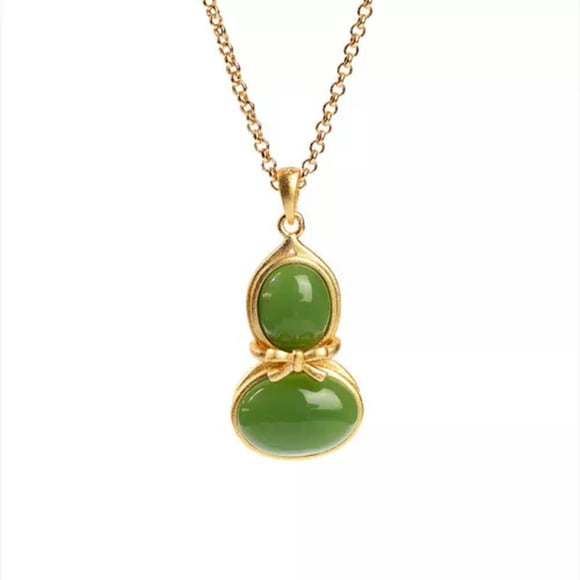 HOOUN Jade Gourd Pendant Necklace Charm Natural Jewelry 925 Silver Green Carved