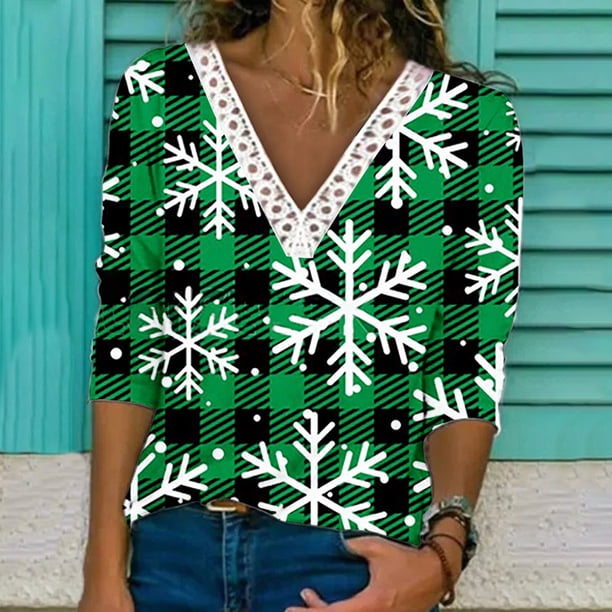 Puntoco Mujer Navidad Moda Impreso Encaje Manga Larga Blusa Cuello V Casual tops Puntoco Puntoco-7122