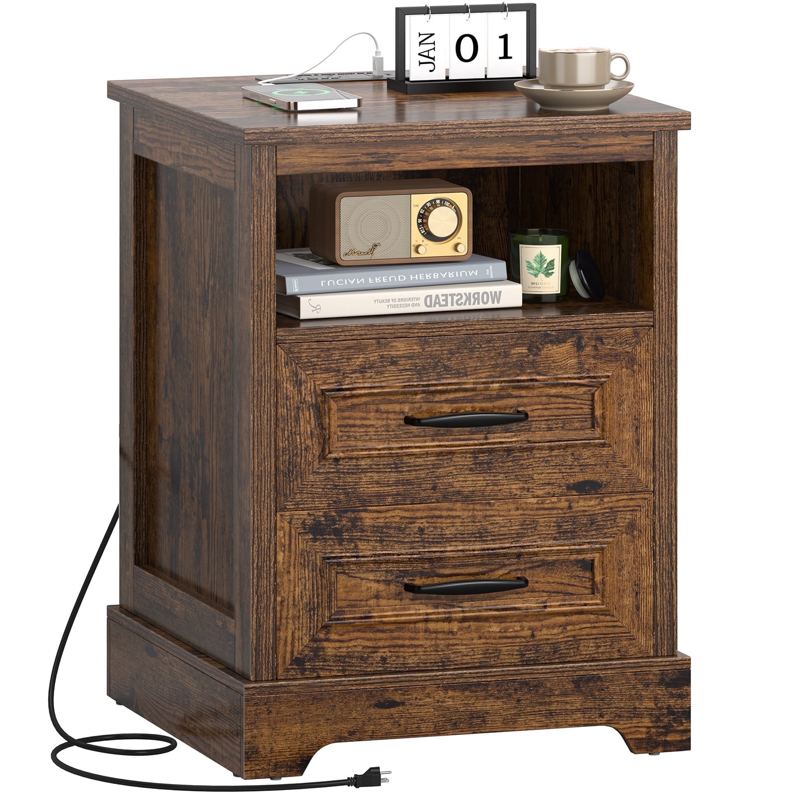Farmhouse Side Table End Table with 2 Drawers, 18" Wood Nightstand with Charging Station & Storage Shelf, Night Stands for Bedroom Living Room,Brown