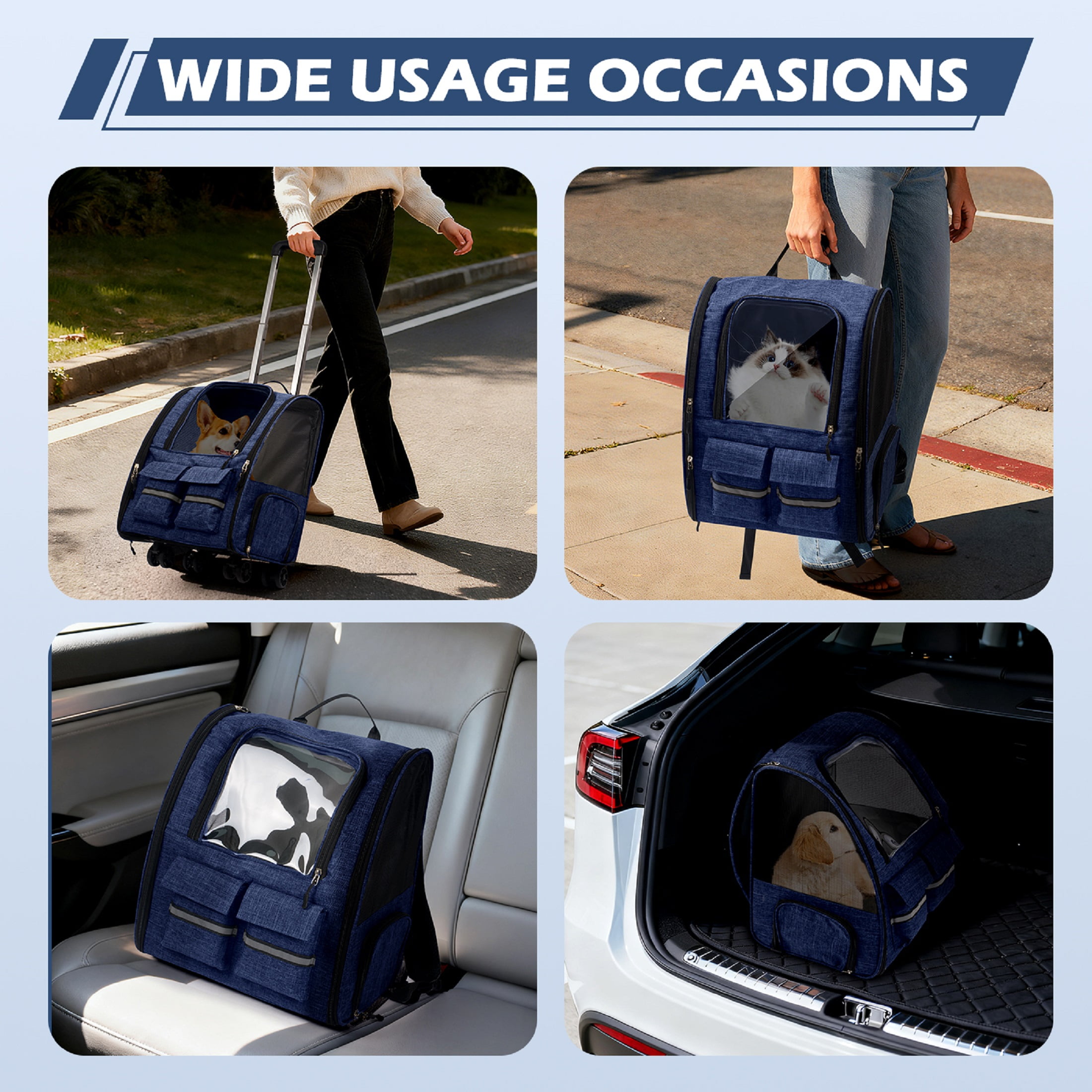 Portable and Breathable Pet Trolley Case Large Capacity Pet Air Case Going Out Dog Cat Suitcase, Blue