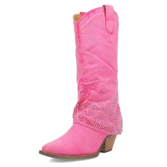 FSJ Women Western Fold Over Cowboy Knee High Boots Sparkly Rhinestone Round Closed Toe Chunky Mid Heel Boots Cowgirl Casual Shoes Size 8 Pink