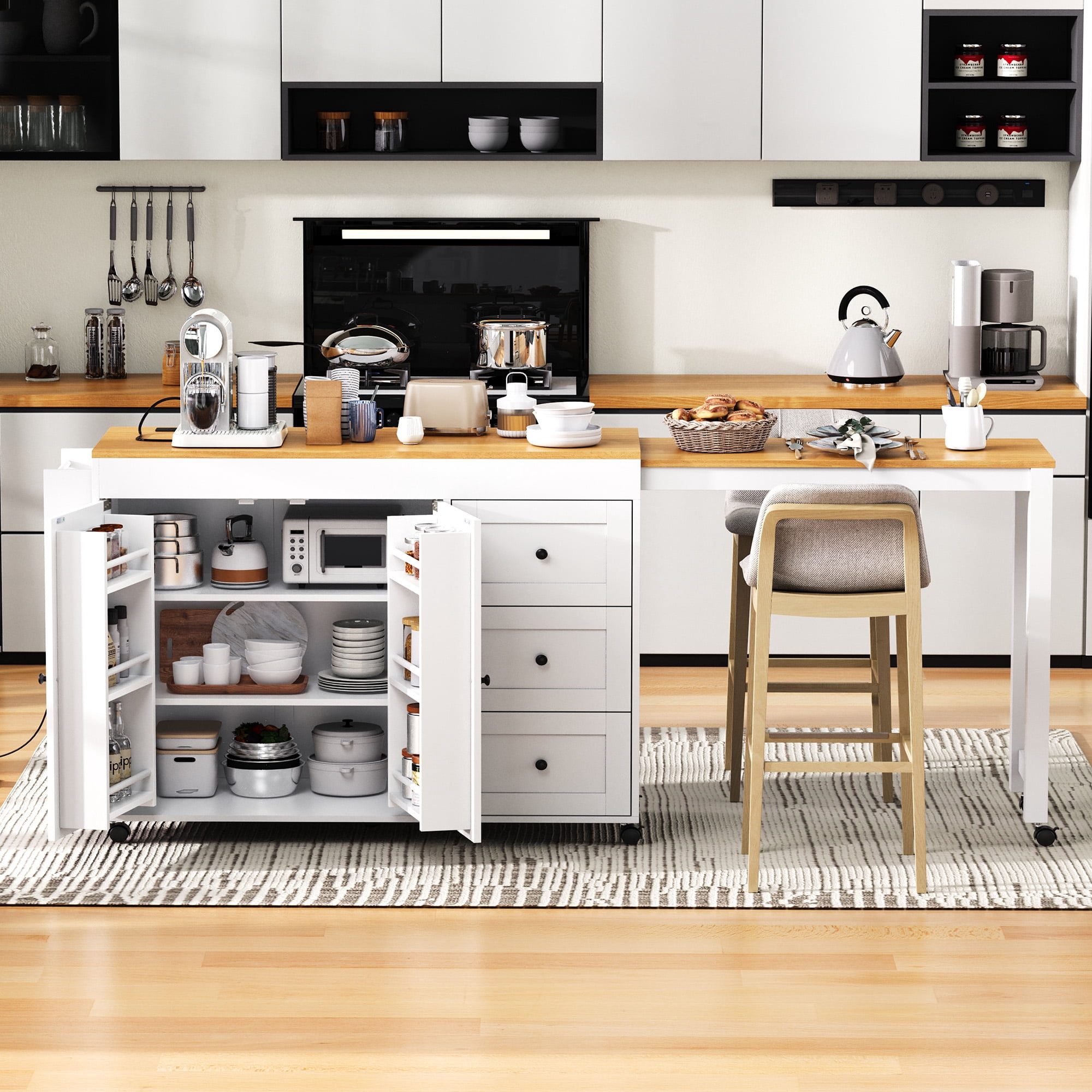Euroco 74.8" Kitchen Island with Extendable Dining Table, Kitchen Storage Cart with 3 Drawers, Power Outlet, Rolling Kitchen Island on Wheels with Spice Rack and 2 Door Cabinet