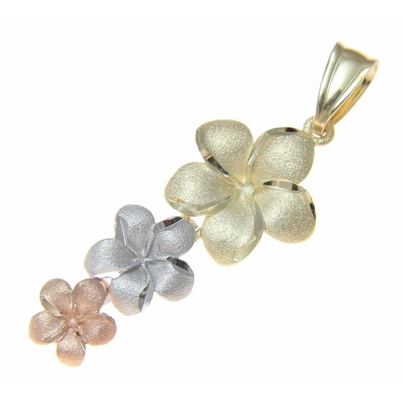 14K solid tricolor gold Hawaiian 3 plumeria flower dangle pendant