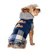 Vibrant Life Pet Jacket for Dogs and Cats: Navy Blue and Plaid Pieced Style with Sherpa Lining and Toggles, Size XXS
