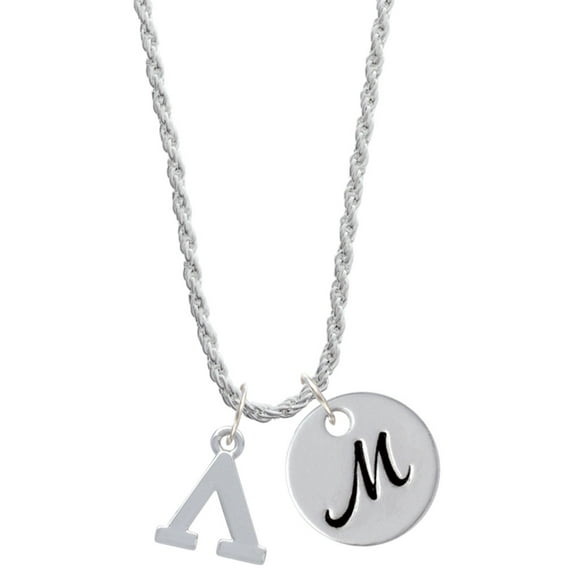 Delight Jewelry Silvertone Large Greek Letter - Lambda - Silvertone Script Initial Disc - M - Charm Necklace, 20"+3"