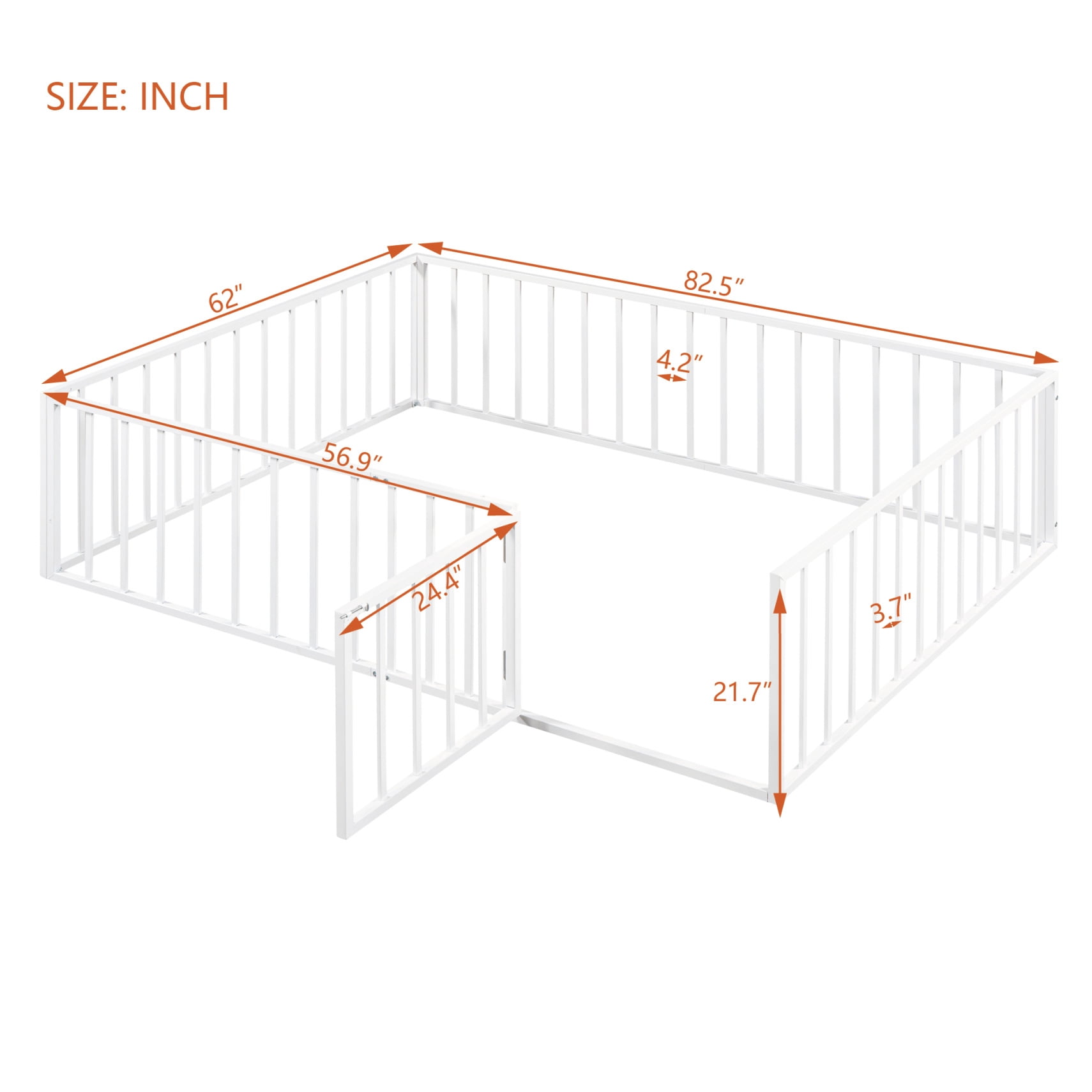 Queen Size Metal Floor Bed for Kids, Queen Montessori Bed Frame with Fence and Door, Queen Playhouse Bed with Door Design, Kids Fence Bed Playpen Bed for Boys ,Girls, White